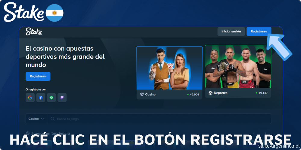 Hacé clic en el botón Registrarse en Stake casino
