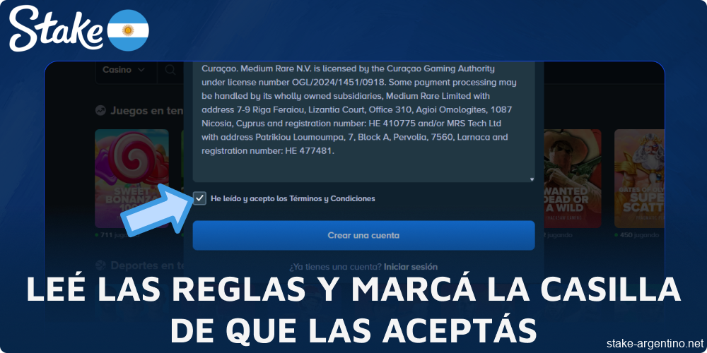 Leé las reglas de Stake y marcá la casilla de que las aceptás